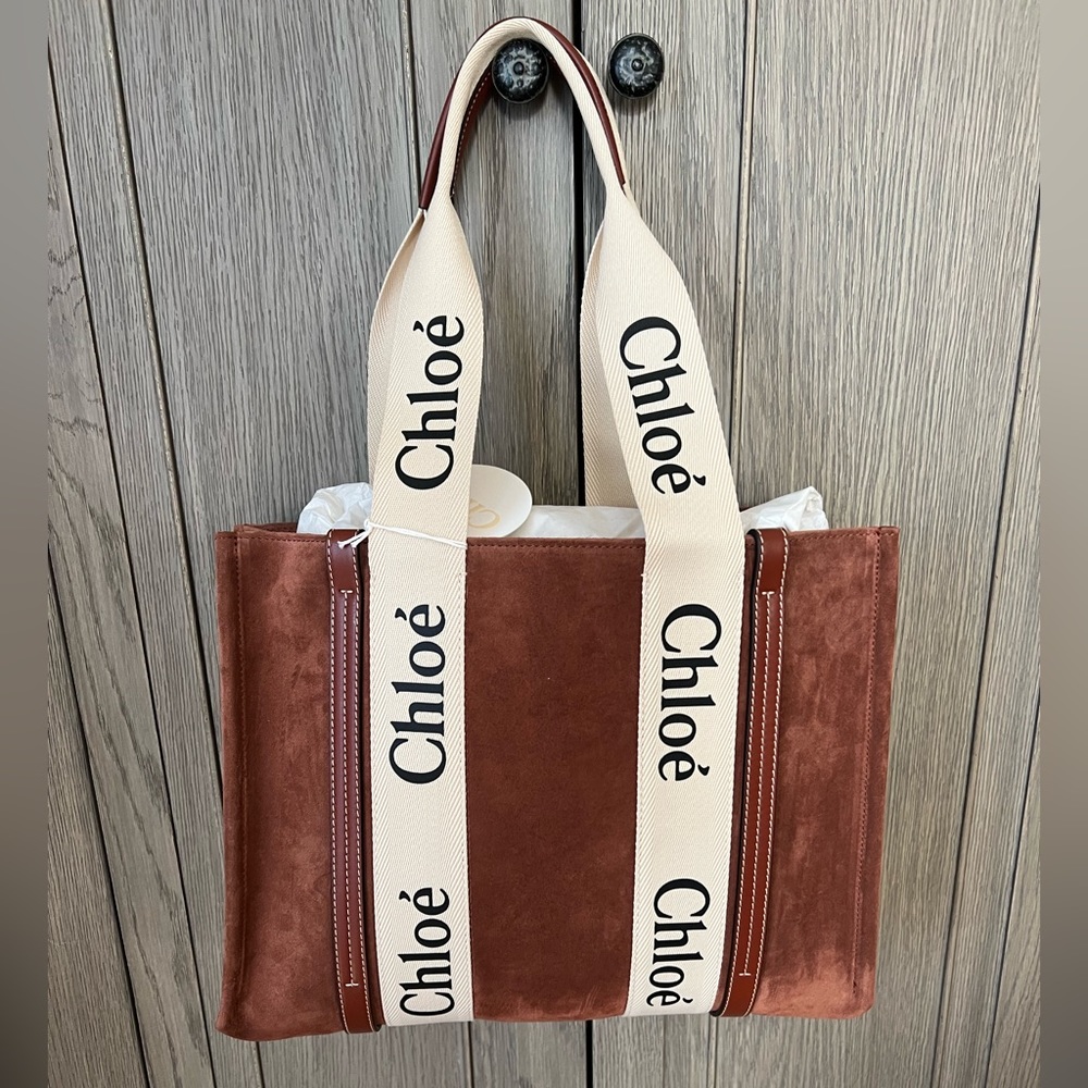 CHLOE Woody Logo Medium Suede Tote Bag